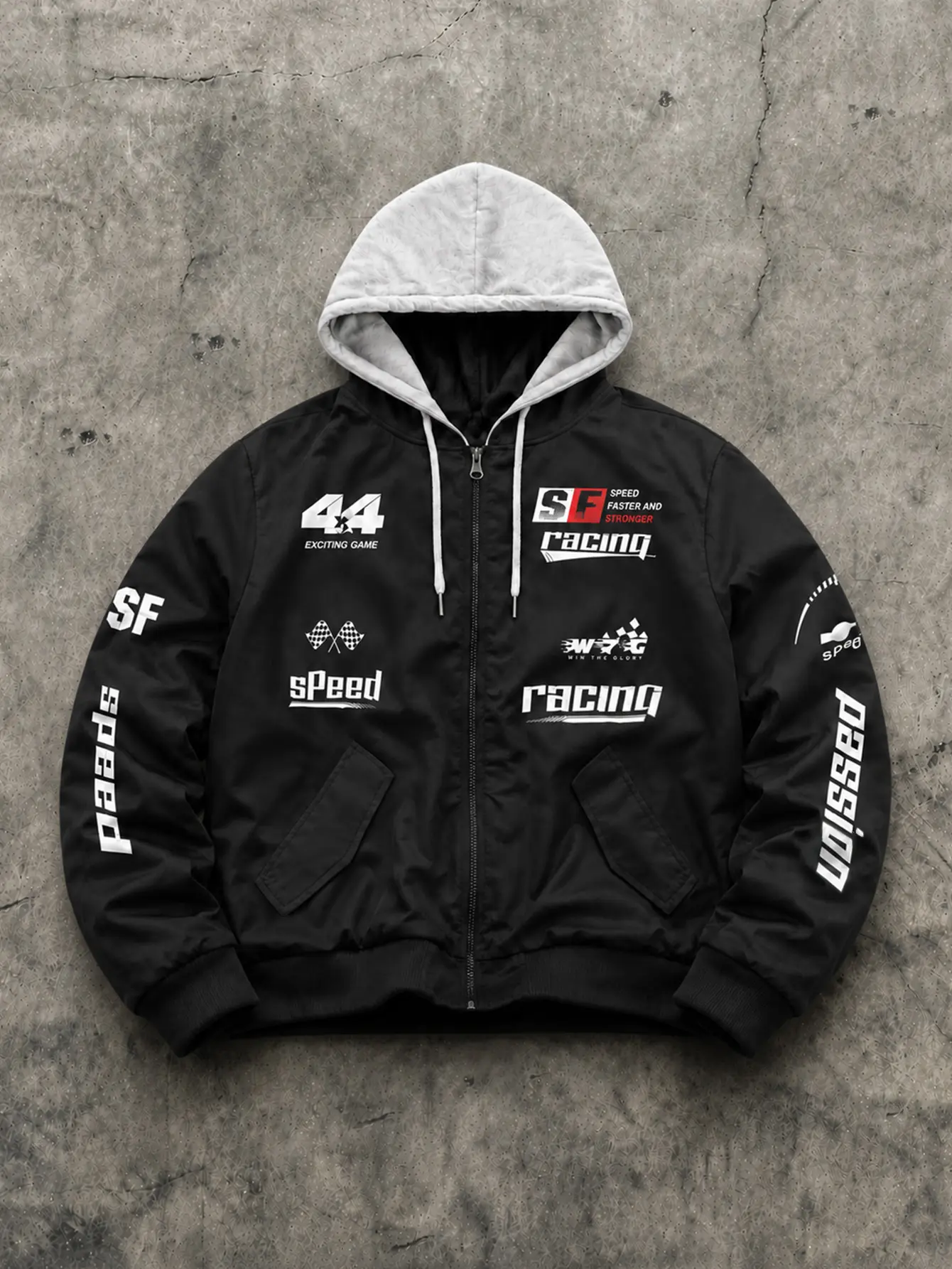 Men’s Speed Racing hooded jacket with letter print, wrinkle-resistant fabric, symmetrical slant pockets, and a clean ribbed hem; suitable for campus commuting and nearby outings, perfect for Y2K street biker styling.