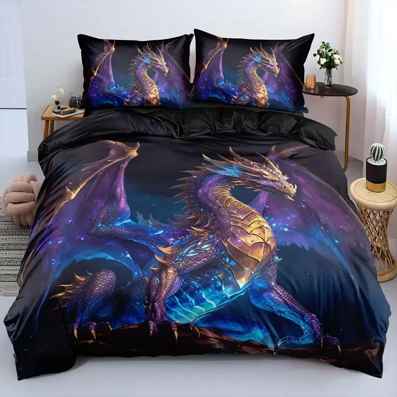 3-piece set, Printed bedding set (1 duvet cover+2 pillowcases, no core), featuring printed dragon design under starry sky, soft and comfortable, perfect for bedroom decor, simple, high-end, zippered, machine washable