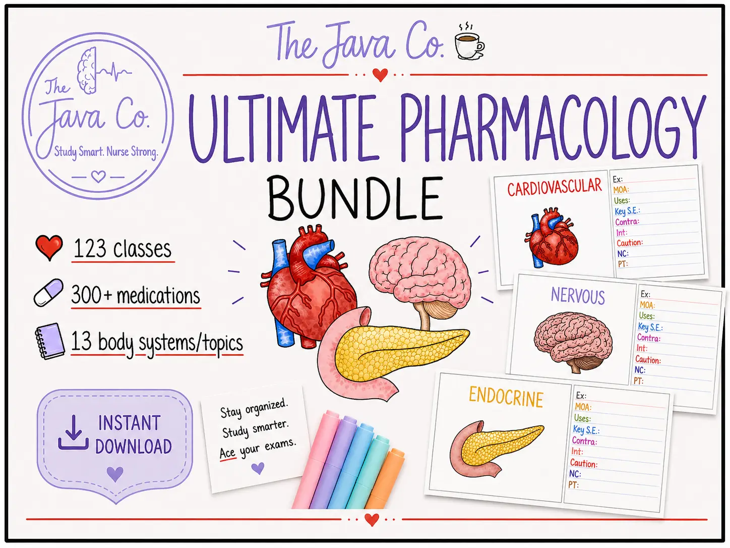 JavaCo Pharmacology Learning Flash Cards - Nursing Student-Designed Memory Helpers, 131 Med Classes, English, Hand-Drawn Illustrations, Color-Coded Study System, NCLEX Review, HESI Test Prep
