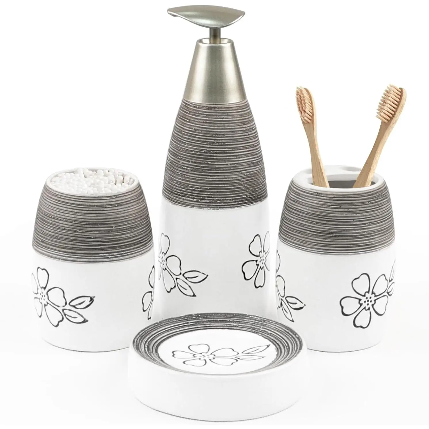Bathroom Accessories Set,4 Pcs Ceramic Bathroom Decor Accessory,Includes  Holder,  Cup, Soap Dish for Decorative Countertop and Housewarming , (White Flower)