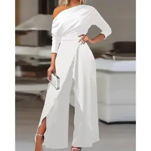 Plain Ruched Wrap Split Hem Jumpsuit for Women, Elegant Wide Leg Jumpsuit for Dating Daily Wear,  Overalls for Women, Ladies Clothes for All Seasons Womenswear Sleeve Fit Basic Chic White(Sheet)