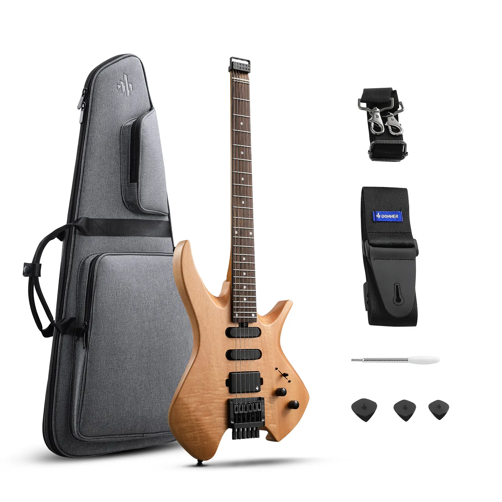 Donner NHL-500 Minimalist Lightweight Headless Electric Guitar, 24-Fret Neck, SSH Pickups, Stable Tuning System, Included Gig Bag, Stability
