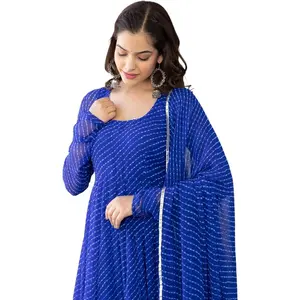 Women's Blue Lightweight Striped Anarkali Kurta Set, 3-Piece Suit with Matching Flared Pants & Dupatta, Elegant Fabric Design