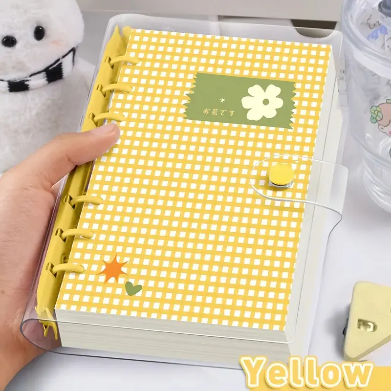 Cute Plaid A6 Loose Leaf Writing Notebook, Clear PVC Snap Binder Journal, 60 Lined Pages, Detachable DIY Scrapbook for Note Taking & Journaling