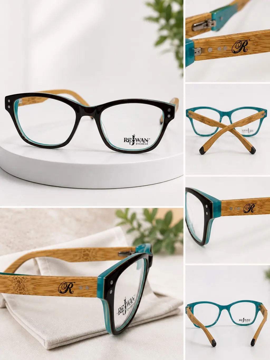 Rejwan Women's Designer Eyeglass Frames, Dual-Color Brown & Teal Frame with Bamboo Temples, Lightweight & Eco-Friendly Eyewear, Dual-Color Frames