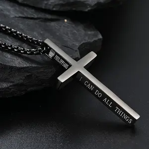 Cross Necklace for Men, Philippians 4:13 Christian Cross Stainless Steel Necklaces for Men