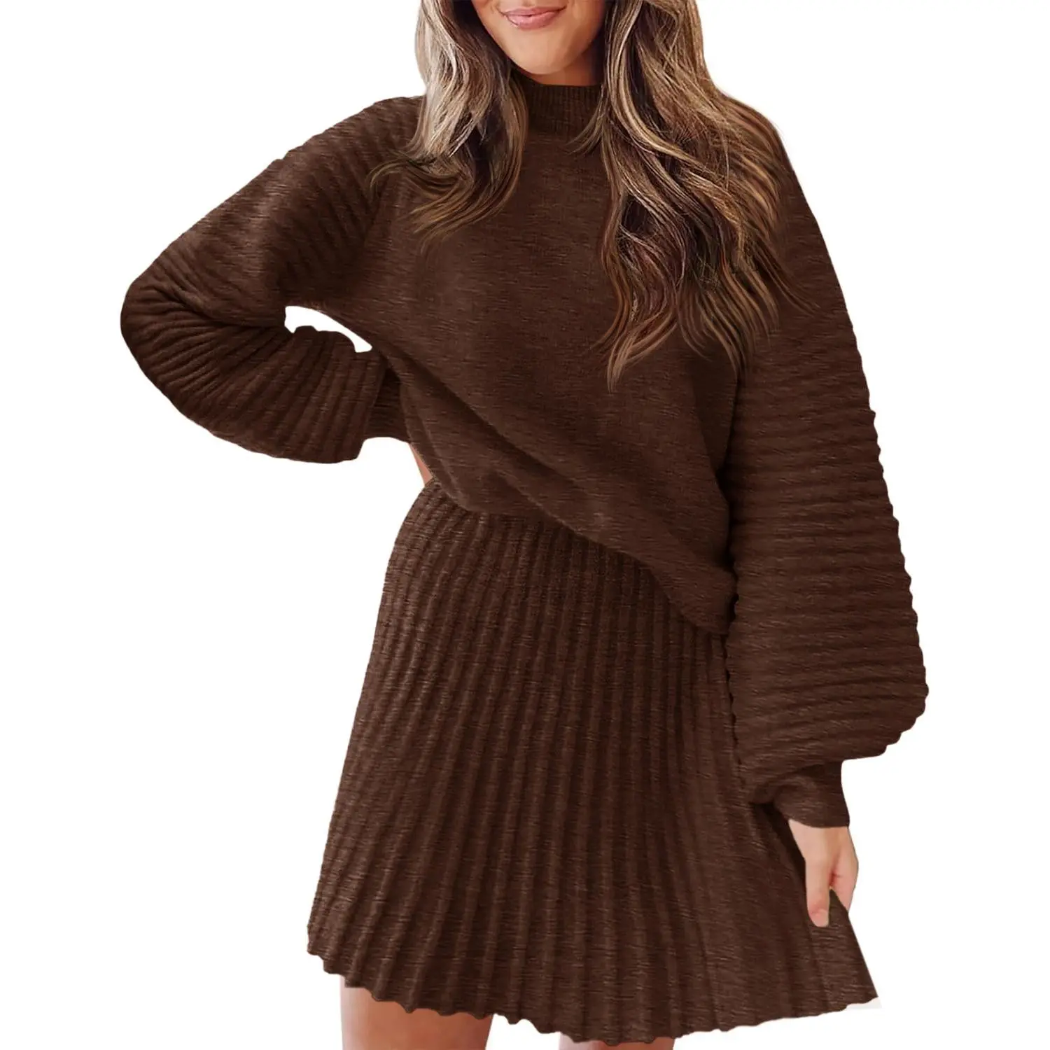 Imily Bela Christmas Women's 2 Piece Outfits Long Sleeve Mock Neck Ribbed Sweaters And Mini Skirt Two Piece Sets