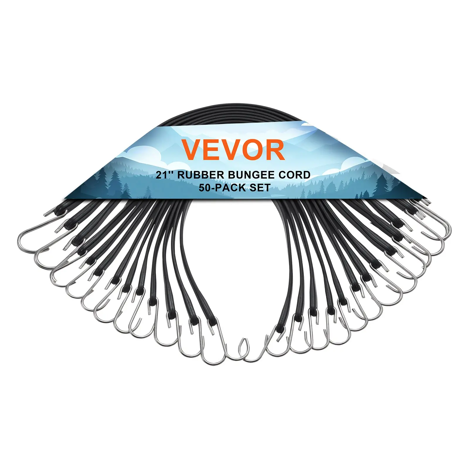【Summerfinds】VEVOR 50 Piece Flat Bungee Cord, 19.8 mm Heavy Duty Bungee Straps with Steel S-Hooks, 21" Elastic Bungee Rope for Cargo, Tarps, Trucks and Tent, Black