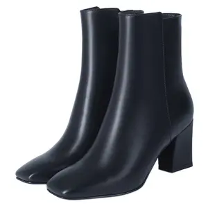 Women's Square Toe Block Heels Booties Chunky High Heeled Side Zipper Ankle Boots Shoes Girl Footwear