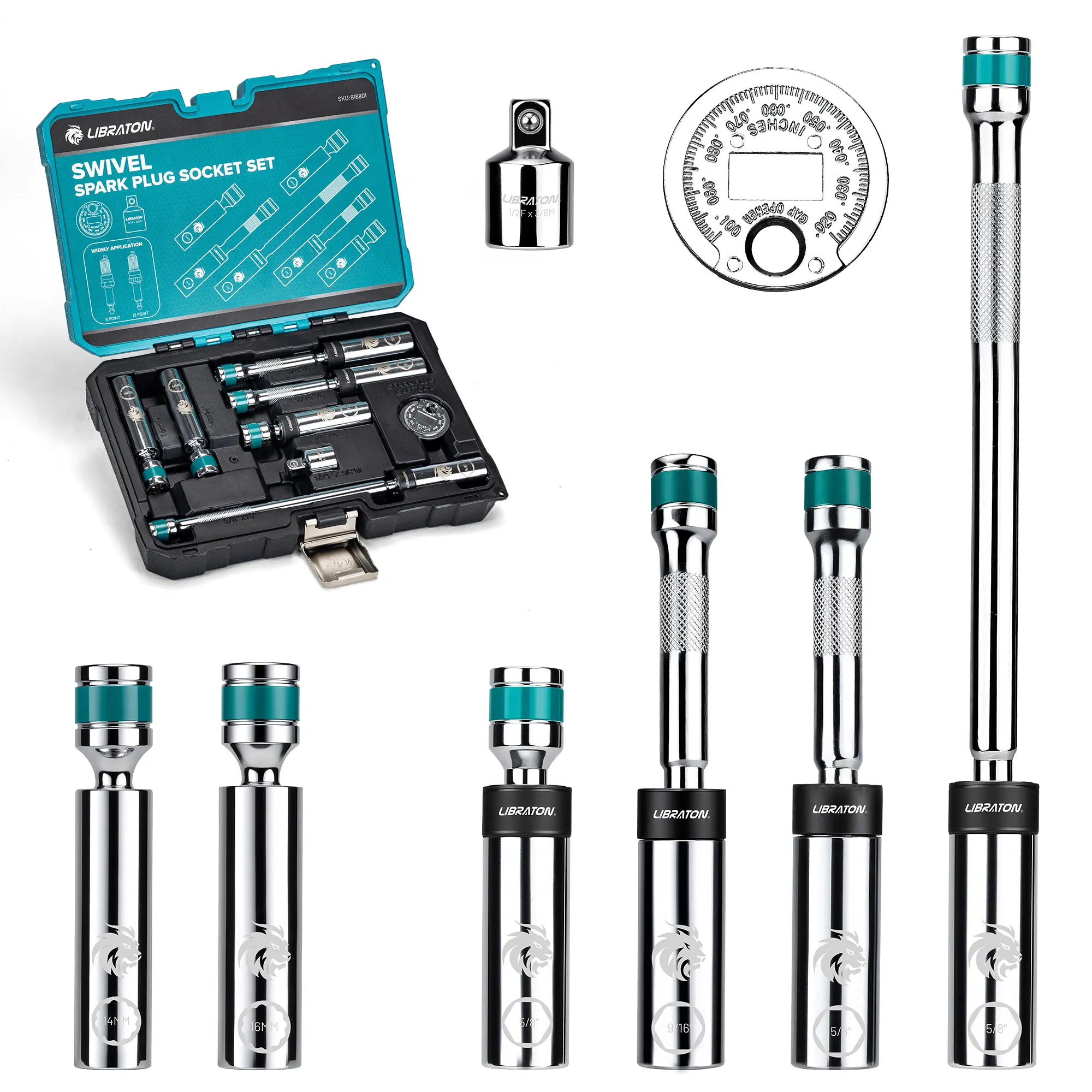 Libraton 8PCS 3/8"Dr. Magnetic Spark Plug Socket Set, Include Gapper & Extension Bar, Swivel Head Thin Wall (5/8" 9/16" 14mm 16mm), 6&12 Point for Truck Motorcycle Auto Repair, w/4",6",10", CR-V outdoorfun Wrench Extend Rod Spanner Wrench