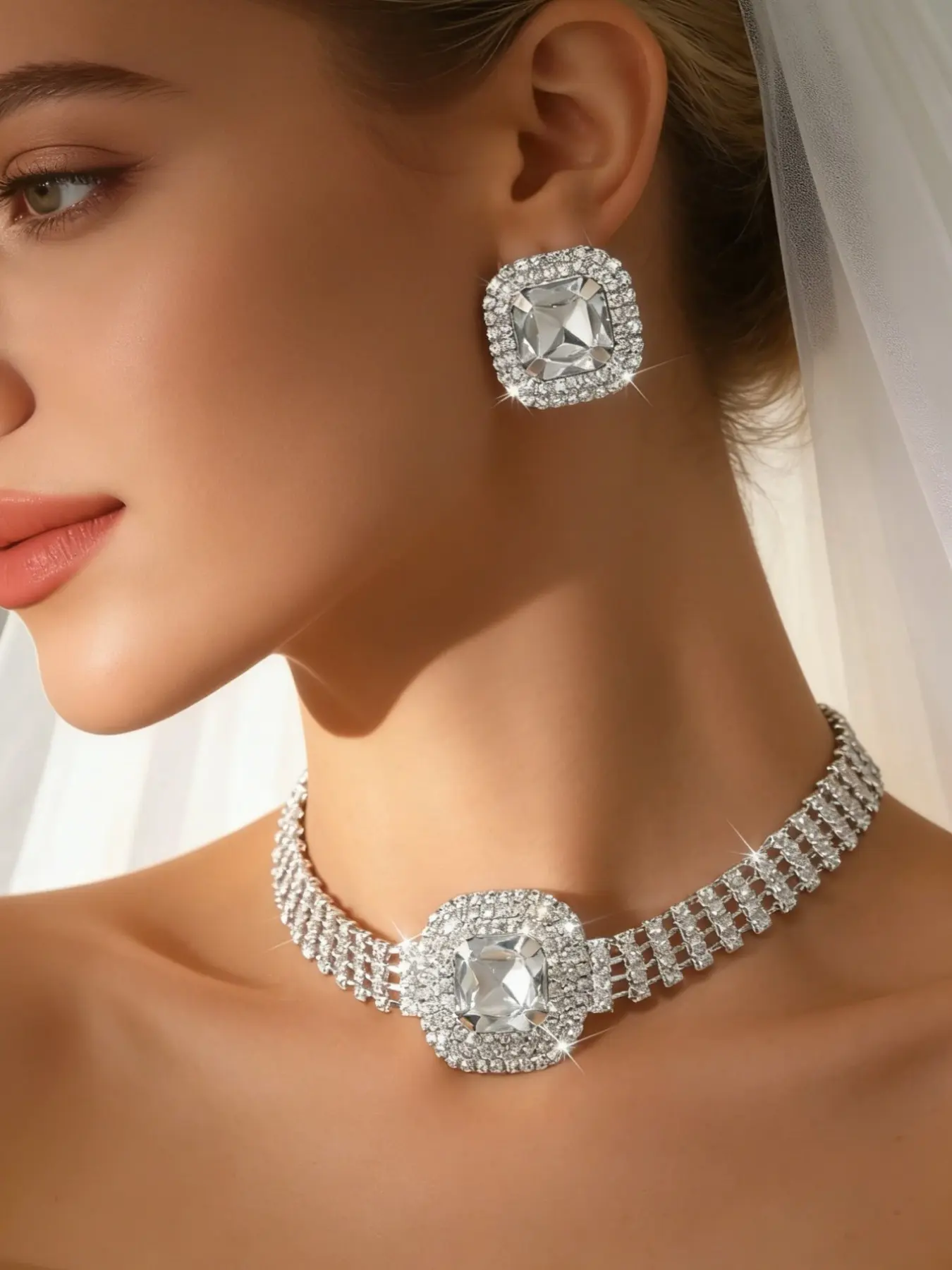 Stunning square cut imitation crystal jewelry set, silver rhinestone necklace earring set, perfect for formal occasions (1 necklace+2 earrings)