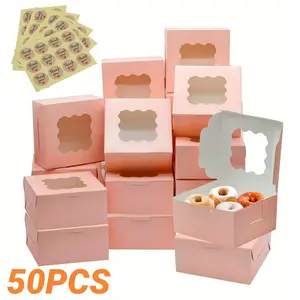 50 Pcs Bakepacker Pink Bakery Boxes with Window, Bring 5 Stickers, Thick and Sturdy Macaroon Pastry Boxes, Cookie Boxes, for Bread Boxes, Desserts, Pastries, Snack Boxes