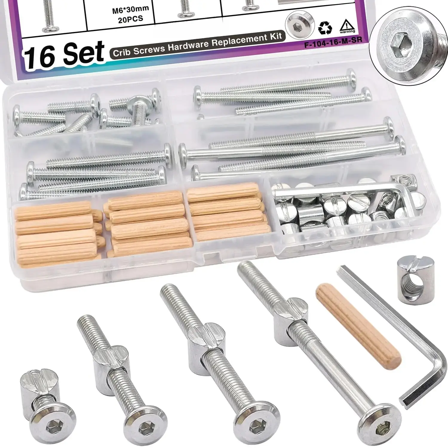 16 Set Crib Screws M6x20mm/40mm/60mm/80mm Hex Socket Cap Screws Bolt,Barrel Nuts&Dowel Pins,Furniture Bolt,Bed Crib Bolts Hardware Replacement Kit for Beds Furniture
