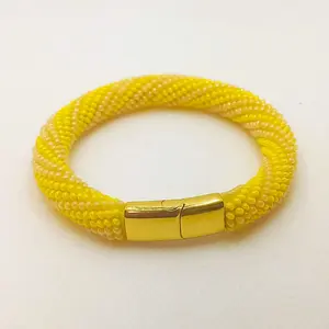 Ilde de Oshun Beaded Crochet Bracelet with Czech Beads and Stainless Steel Magnetic Closure for Stylish Security