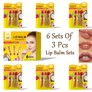 6-Pack Daily Moisturizing Lip Balm Set 18 Tubes Plant-Based in Fresh Peach Raspberry & Coconut Flavors 0.338 fl oz Each Gentle Care Hydrating Formula