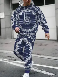 Men's Ethnic Style Hooded Sweatshirt and Sport Pants Set, Casual Fashion, Fitted, Long Sleeve, Ankle Length, Fall & Winter