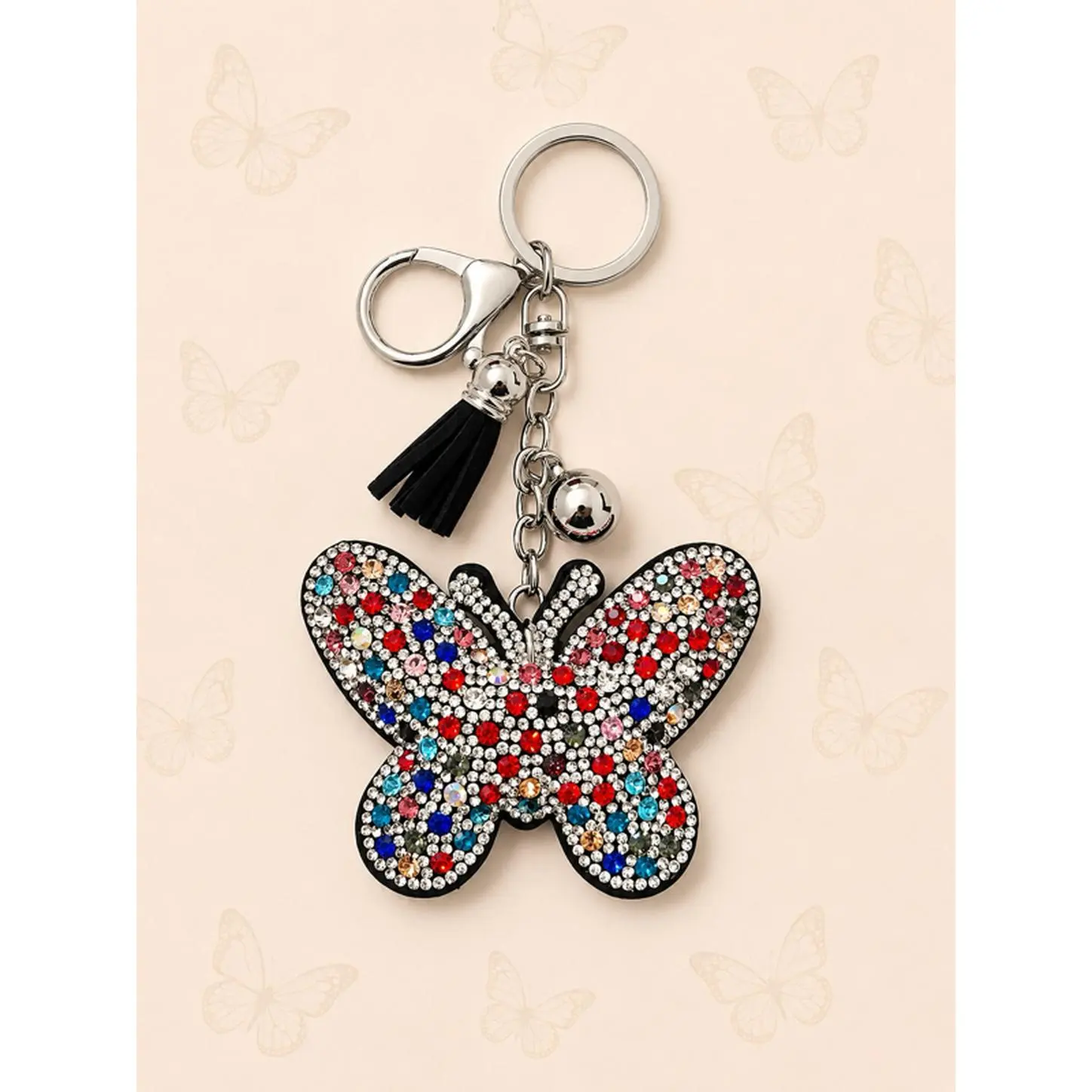 Multicolor Rhinestone Butterfly Keychain with Tassel and Bell Accessory