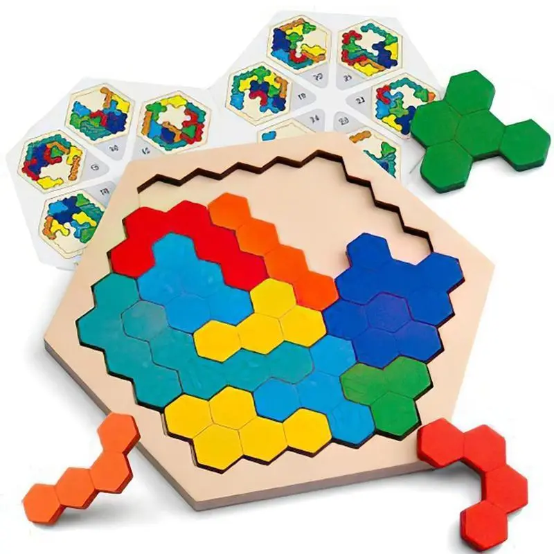 Wooden Hexagon Puzzle Toy, Stem Educational Early Learning, Brain Logic Training, Safe Eco-Friendly Gift for Boys & Girls Ages 3-6, Montessori Puzzles Gift, Colorful Blocks Puzzle, Shape Recognition Puzzles, Wooden Handmade Puzzle, Wooden Puzzles