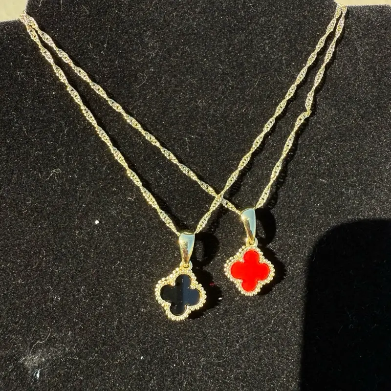 Lucky Charm Necklace Gold Plated with Red and Black Clover Pendants for Women