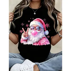 Funny Santa Claus Blowing Bubble Gum Christmas T-Shirt For Women Casual Holiday Graphic Tee With Sunglasses And Peace Sign Festive Xmas Top For Party Or Gift Cotton Fabric Fit Piece Nightwear Sleeve Nightwear