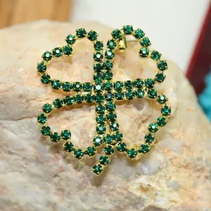 Rhinestone Emerald Shamrock Four-leaf Clovers Brooch Pin, Irish St. Patrice's Day Shamrock Jewelry Gift