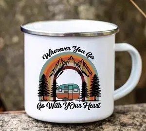 Happy Camper Camping Enamel Mug 12oz Double side graphic – Cute Camper Trailer Coffee Cup, Outdoor Camp Mug, Travel Mug Gift for Campers & RV Lovers