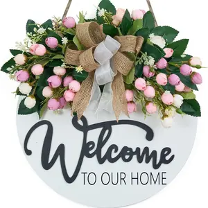 Welcome Wreath Wooden Door Decor, Decorative Flower Wreath, Floral Porch Wall Hanging, Farmhouse Front Door Welcome Sign, Halloween Christmas Thanksgiving Decoration