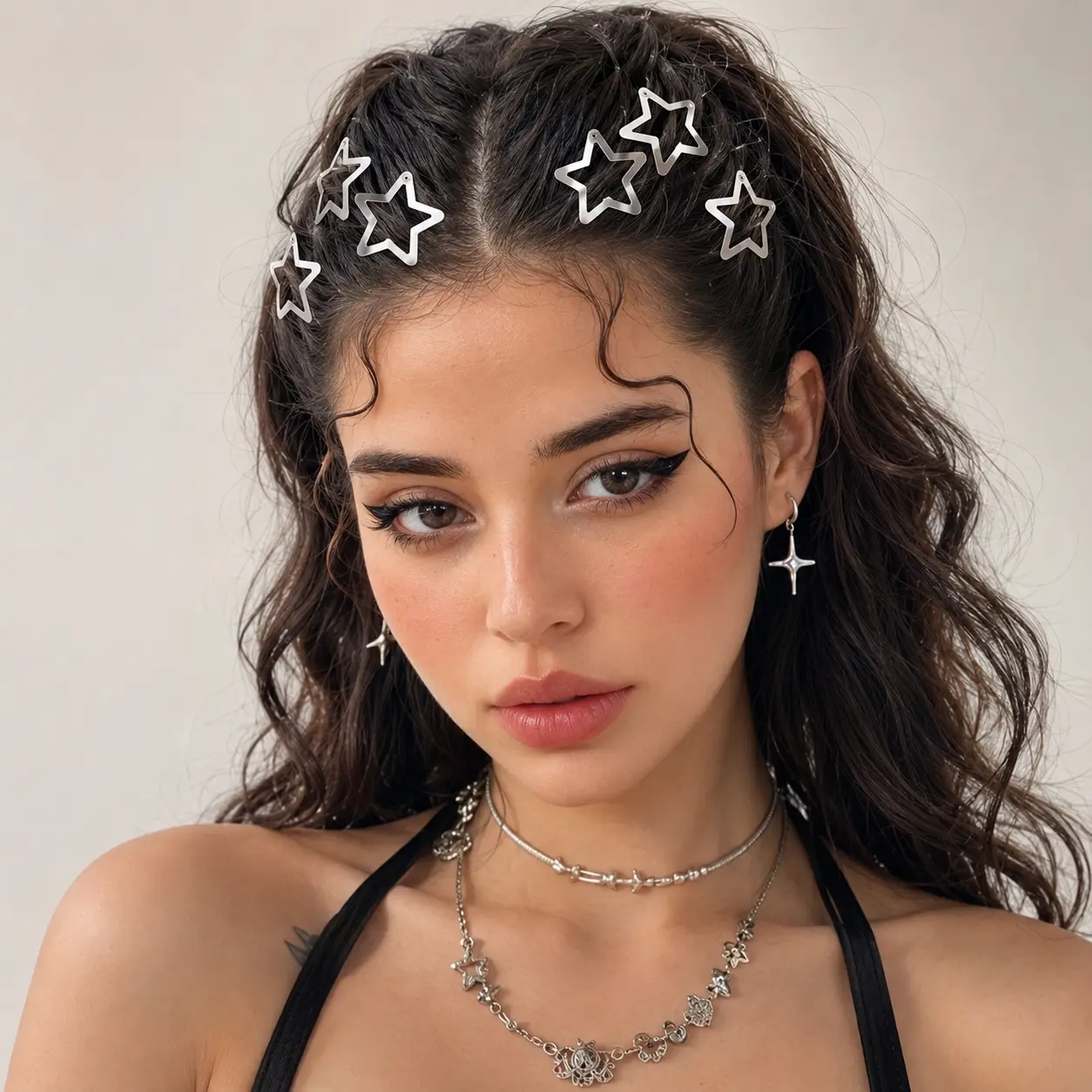 Y2K Star Snap Hair Clips for Girls and Women, Non-Slip Silver Metal Barrettes, 15-Piece Set, 1.57 Inch