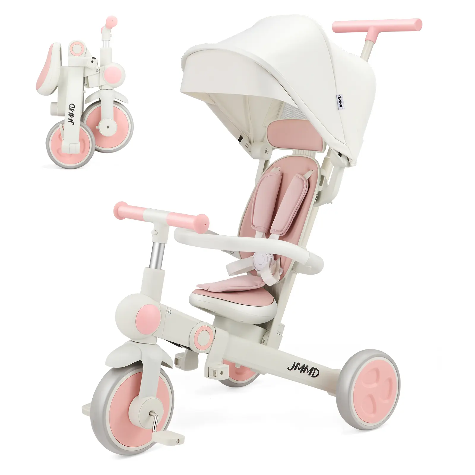 JMMD 7-in-1 Multifunctional Baby Tricycle - Foldable Adjustable Lightweight Travel Stroller with Adjustable Parent Handle, Safety Harness, Wheel Brakes, Removable Canopy, EVA Wheels, Soft Seats, Multi-Mode for 18m-5 Years Kids