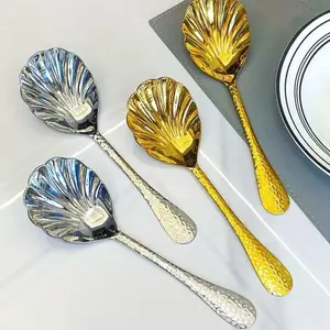 4-Piece Stainless Steel Spoons Set, Large Square Design, Patterned, Ideal for Parties, Buffets, Dinners, Banquets, Serving Utensils, Cutlery, Tableware, Dinnerware