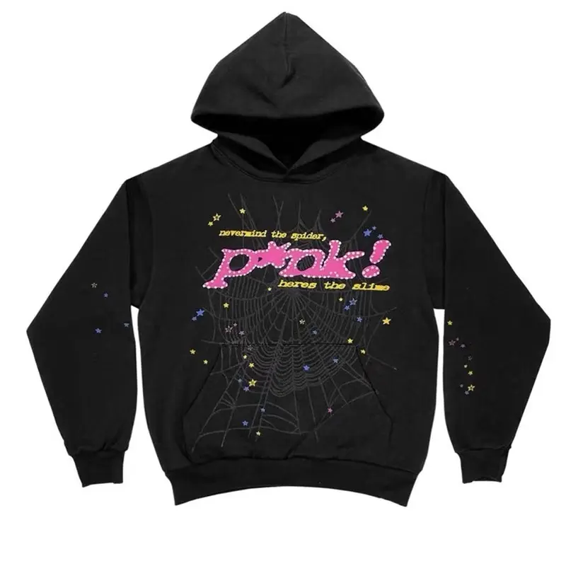 Nevermind the Spider, Here's the Slime Unisex Hoodie Print Pink and Yellow with Spider Graphic, Short Fashion Style, Long Sleeve, Crew Neck - Man, Casual Sweatshirts