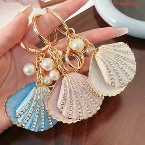 Rhinestone Pearl Shell Keychain Alloy Enamel Scallop Pendant Exquisite Decorative Charm For Handbags Daily Ornament Accessory