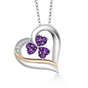 Gem Stone King 925 Sterling Silver and 10k Yellow Gold Purple Amethyst and White Lab Grown Diamond 3-Stone Pendant Necklace For Women (1.30 Cttw, Gemstone Birthstone, Heart Shape 5MM, 18 Inch Chain)