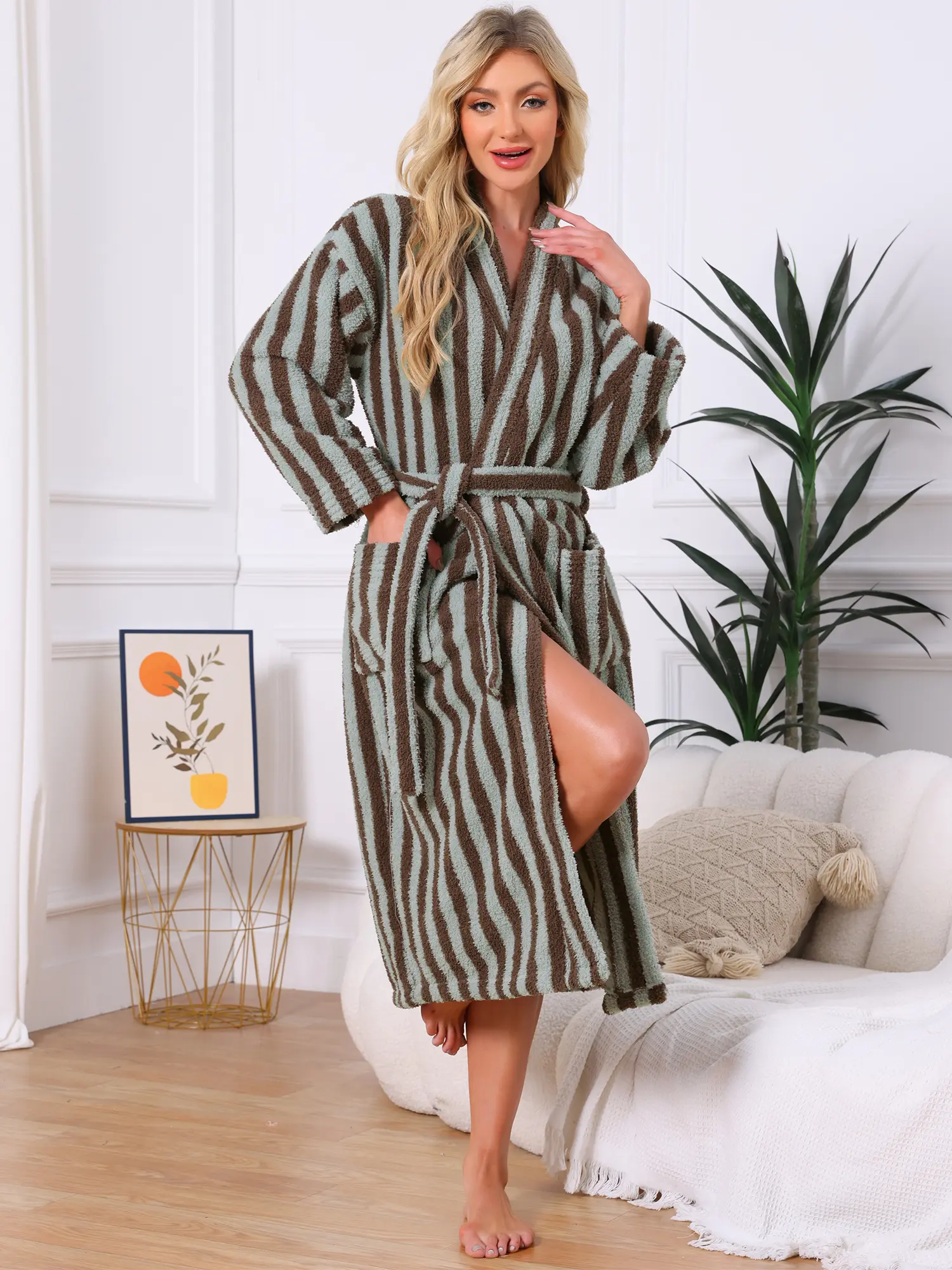 INSPIRE CHIC Women's Bath Robe Fleece Fluffy Terry Long Sleeve Belt Full Length Striped Plush Shaggy with Pockets Spa Shower Robe