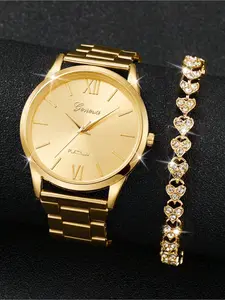 2pcs/Set Women's Gold Stainless Steel Rhinestone Decoration And Round Dial Analog Quartz Fashionable Wristwatch And Alloy Strap For Daily Wear Holidays