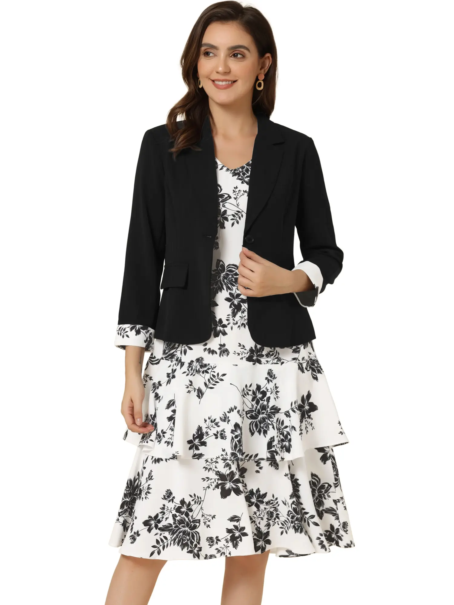 INSPIRE CHIC Dress Suit Sets 2 pcs Chiffon V Neck Floral Print Contrast Panel Blazer Jacket Dress