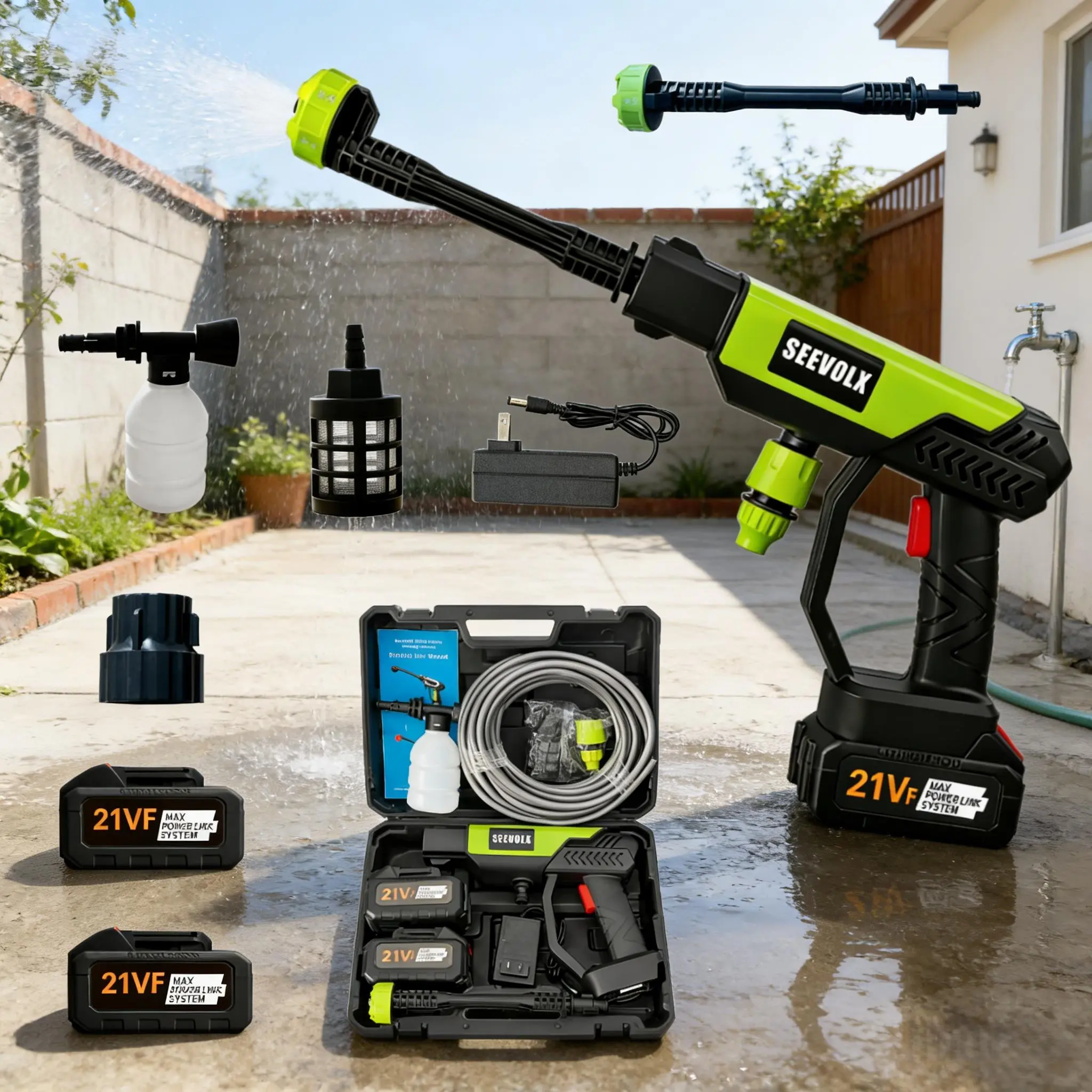 SEEVOLX 1000 PSI Cordless Pressure Washer Sprayer, 21VF Rechargeable Portable Wireless High Pressure Washer with 6-in-1 Adjustable Nozzle Head for Car Wash, Deck Cleaning, Adjustable Nozzle Head Pressure Washers