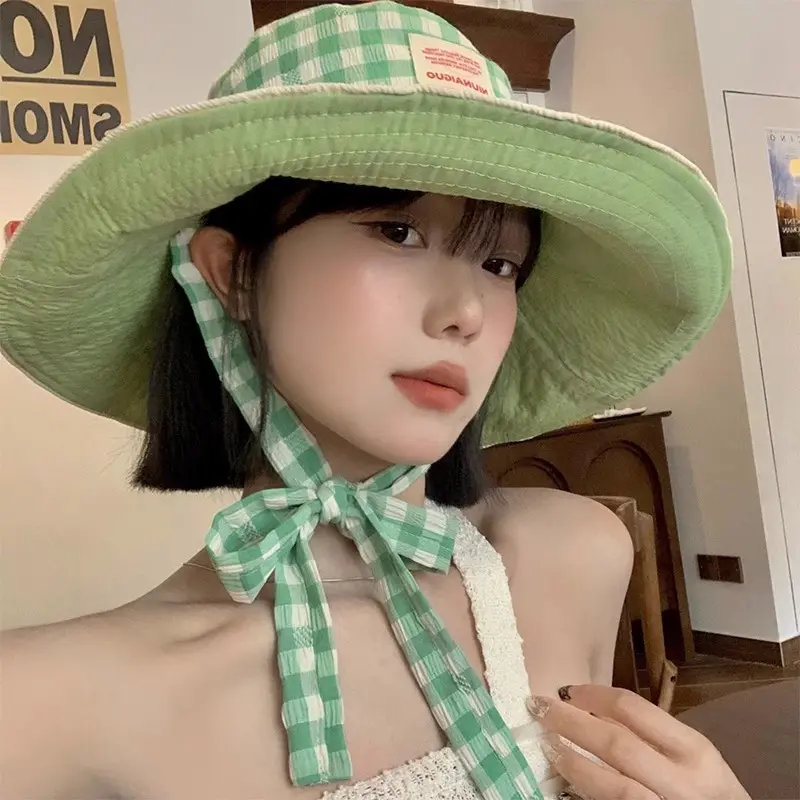 Korean Style Plaid Wide-Brimmed Lace-Up Bucket Hat for Women Summer Sun Protection Hat Large Brim Makes Face Look Smaller Fashionable & Functional
