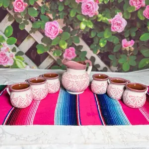 Engove Milk Jug Relieve Set Cielito Lindo color Pink Ceramic Pitchers with Matching Cups on Colorful Tablecloth Tea Aesthetic