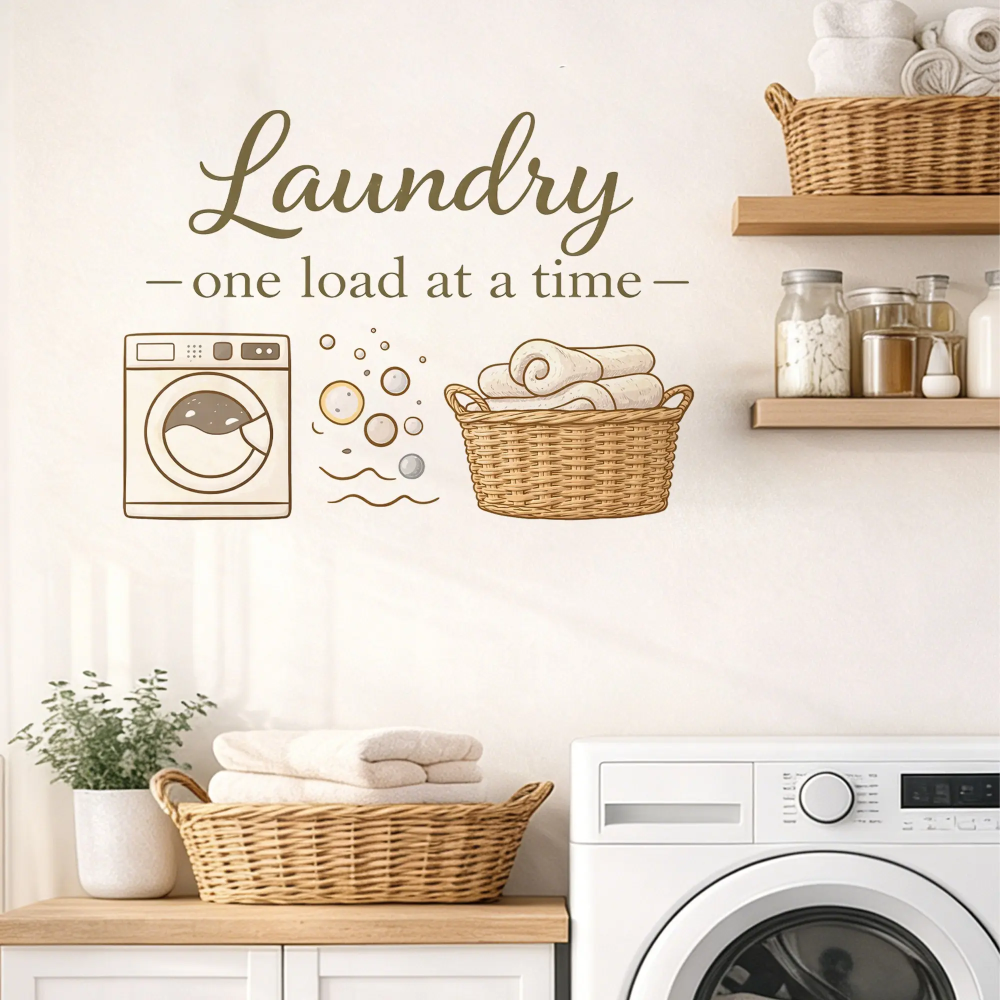 Minimalist Laundry Room Wall Decals, "Laundry One Load At A Time" Funny Quote Self-Adhesive Decorative Wall Stickers, Removable Waterproof Vinyl Decals for Laundry Room Door, Cabinet & Home Utility Room Decor, Interior Wall Decor