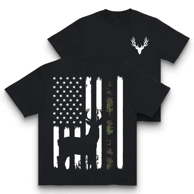 Men's American Flag Deer T-Shirt - Camo Accent, Short-Sleeve Classic Round Neck Casual Cotton Tee, Hunting & Patriotic Top, Tshirt, Shortsleeve, Menswear, Men's T Shirts, Fabric