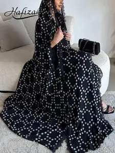 Women's Polka Dot Loose Fit Long Casual Cardigan, Elegant Lace Patchwork Design, All-Season Outerwear, Middle Eastern Style Women's Clothing