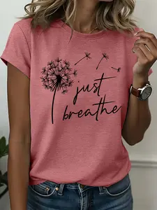 "Just Breathe" Dandelion Women's Everyday Casual Fit Short Sleeve Crew Neck Cotton T-Shirt – Bestselling Mindfulness Graphic Print, Heather Khaki, Machine Washable Spring & Summer Top, Soft Skin-Friendly Fabric, Daily Versatile, Fashion Design
