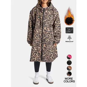 Women's Long Leopard Print Colorblock Windbreaker Jacket, Loose-Fit Casual Style, Fall & Winter Waterproof Warm Coat, Thermal Lined Outerwear