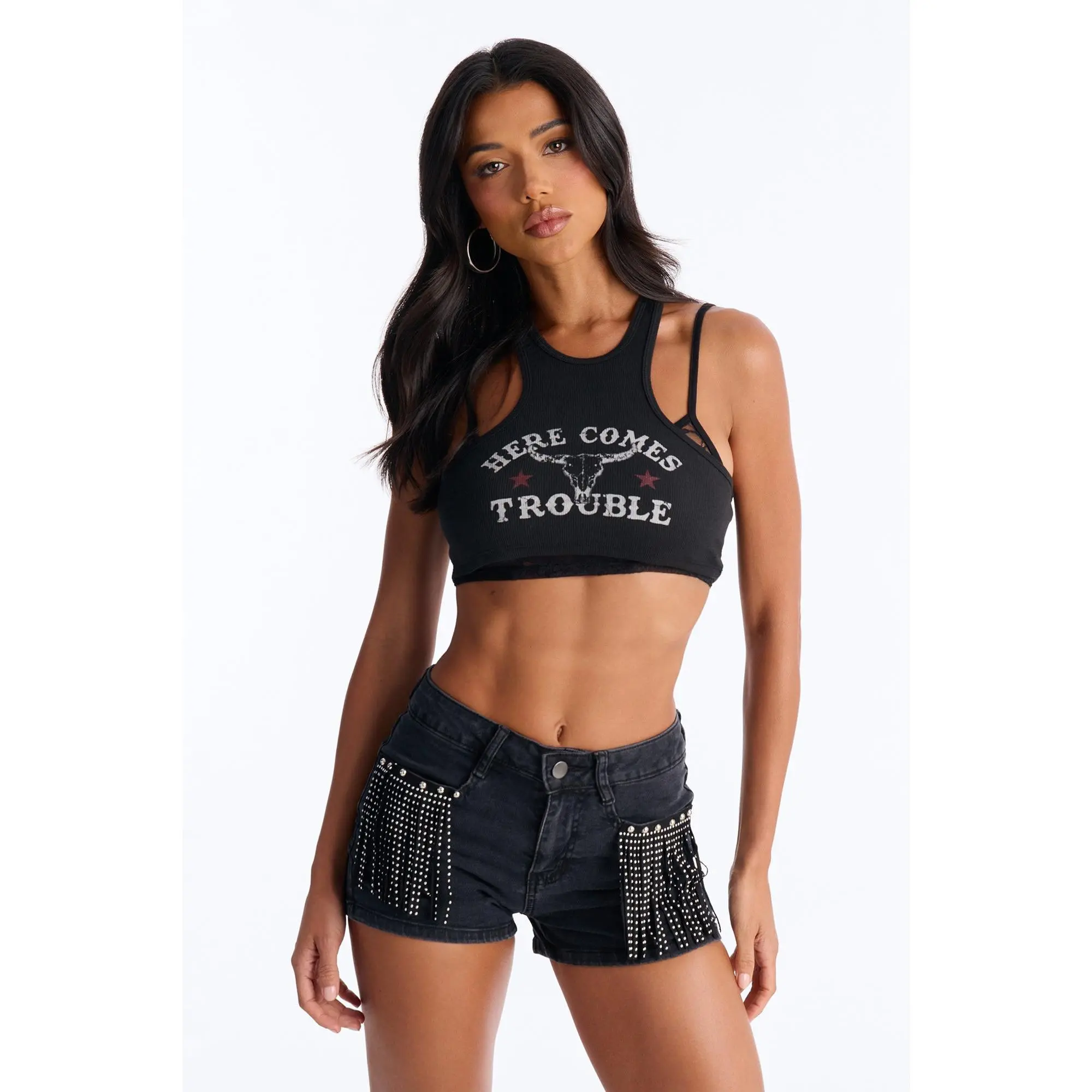 Here Comes Trouble 2Fer Cropped Tank - Black