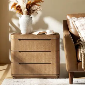 HULALA HOME Large 3-Drawer End Table - Fully Assembled Modern Living Room Table with Hidden Storage, Built-in Charging Station, USB Ports, Power Outlet, Elegant Curved Wood Design