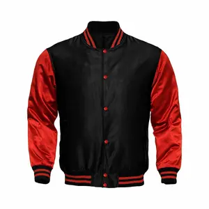 Deckra Men's Handmade Stylish Satin Varsity Jacket - Black/Red Long-Sleeve Formal Polyester Top, Casual Chic Layered Menswear Coat with Buttons, Multiple Pockets, Secure Fit