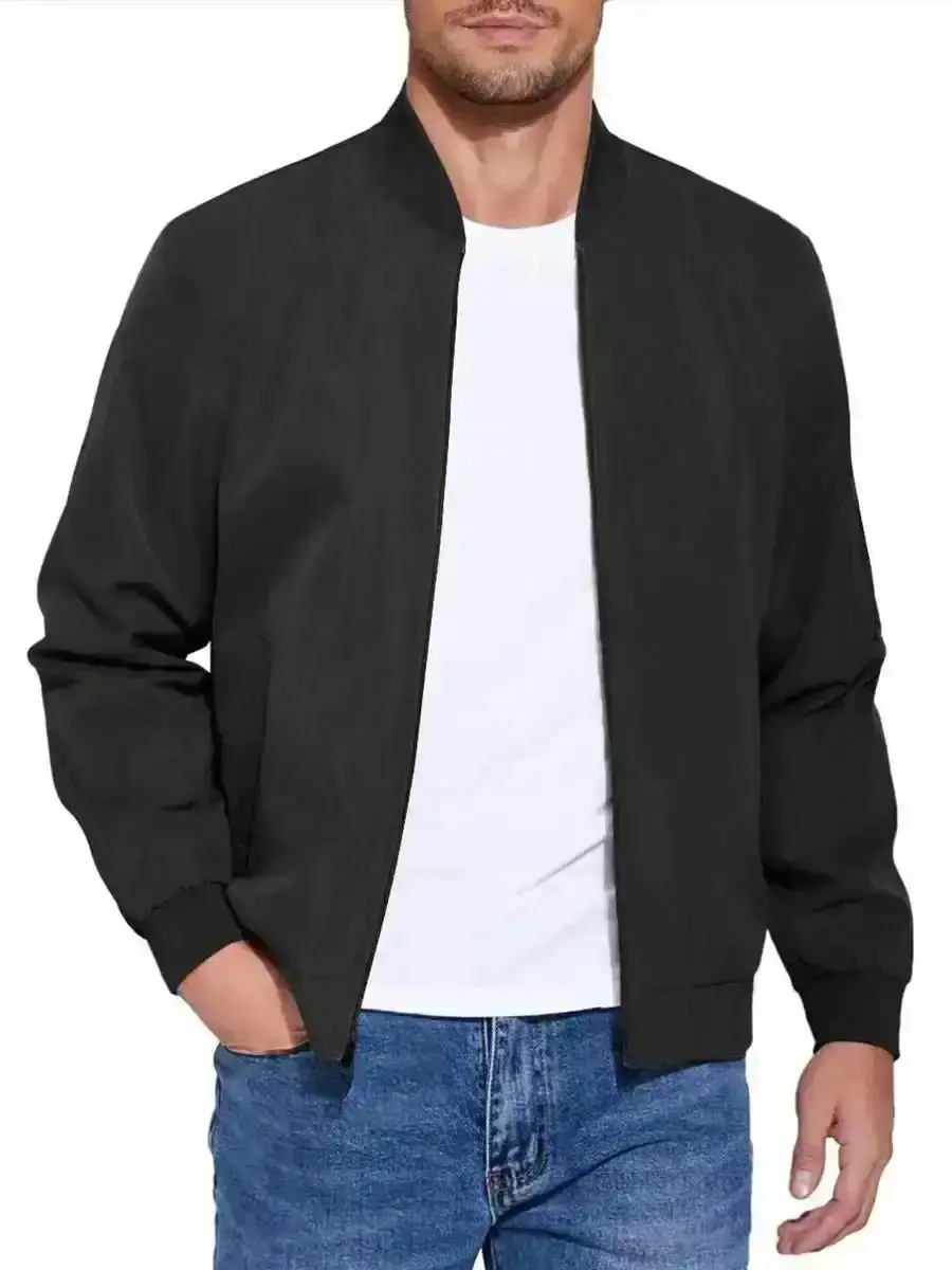 Men's Black Bomber Jacket Trendy Baseball Jersey Design Fashionable Comfortable Outerwear Perfect for Casual, Windproof Warm Classic Essential Versatile Comfort, Piece Relaxed, ComfortFit, EverydayWear, EverydayLook