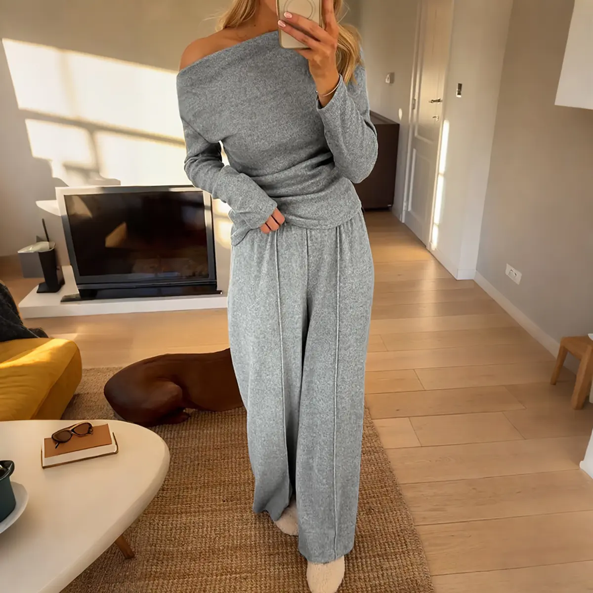 CHICME Women's 2 Piece Outfits Knit Skew Neck Long Sleeve Slim Fit Top and High Waist Wide Leg Pants Casual Soft Ribbed Lounge Set