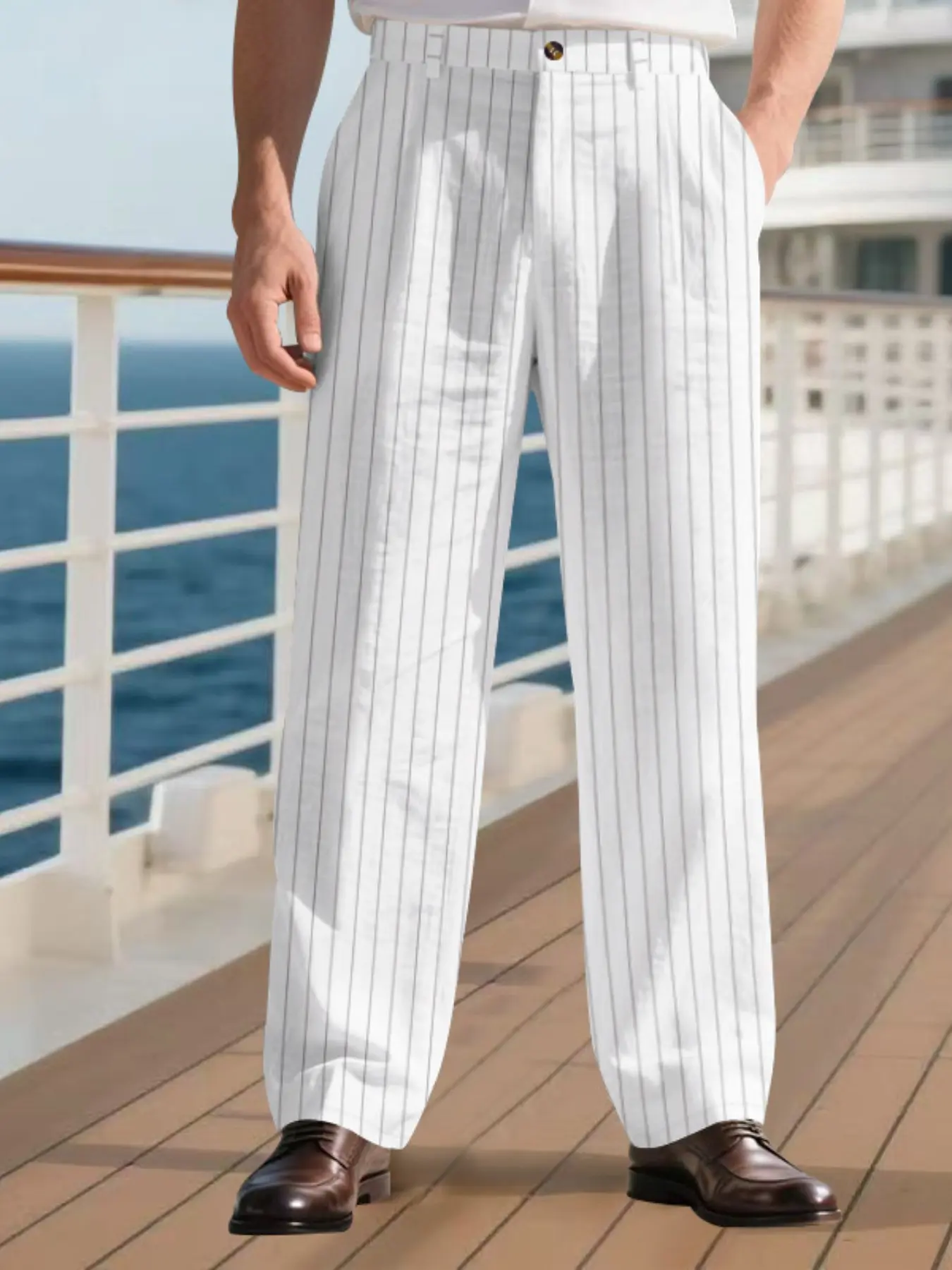 Men's Striped Casual Pants, Casual Comfy Classy, Casual Business Trousers, Fine Vertical Stripe Fabric, Straight Leg Cut, Anti-Wrinkle Drape Texture, Spring & Fall Commuter Wear, All Season Trousers